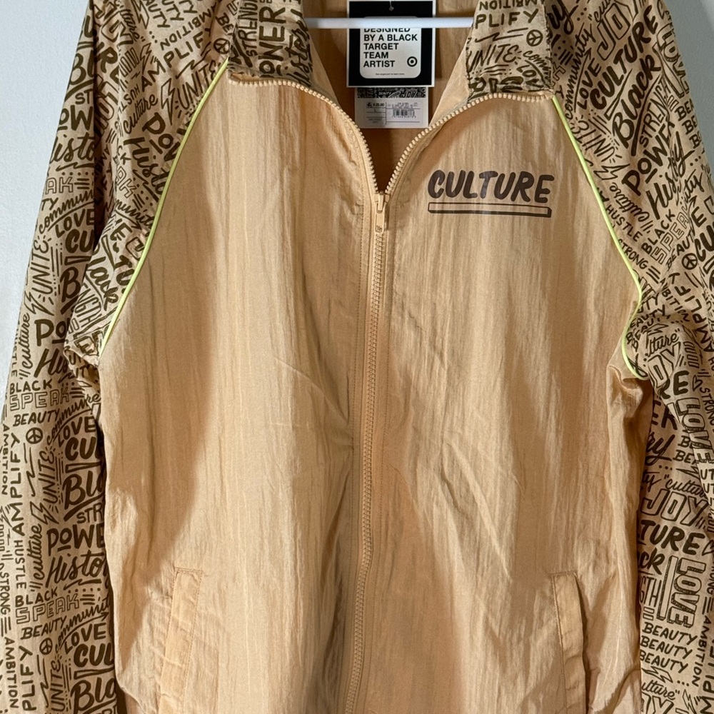 Target Beige 'Culture' Bomber Jacket with Brown Script Sleeves